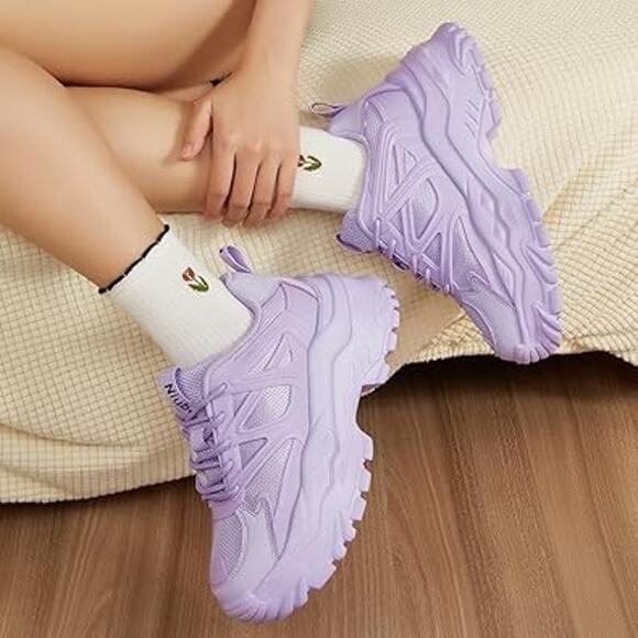 Niluber Womens Size 9 Purple Faux Leather Lace Up Chunky Platform Sheakers Shoes - Picture 5 of 7